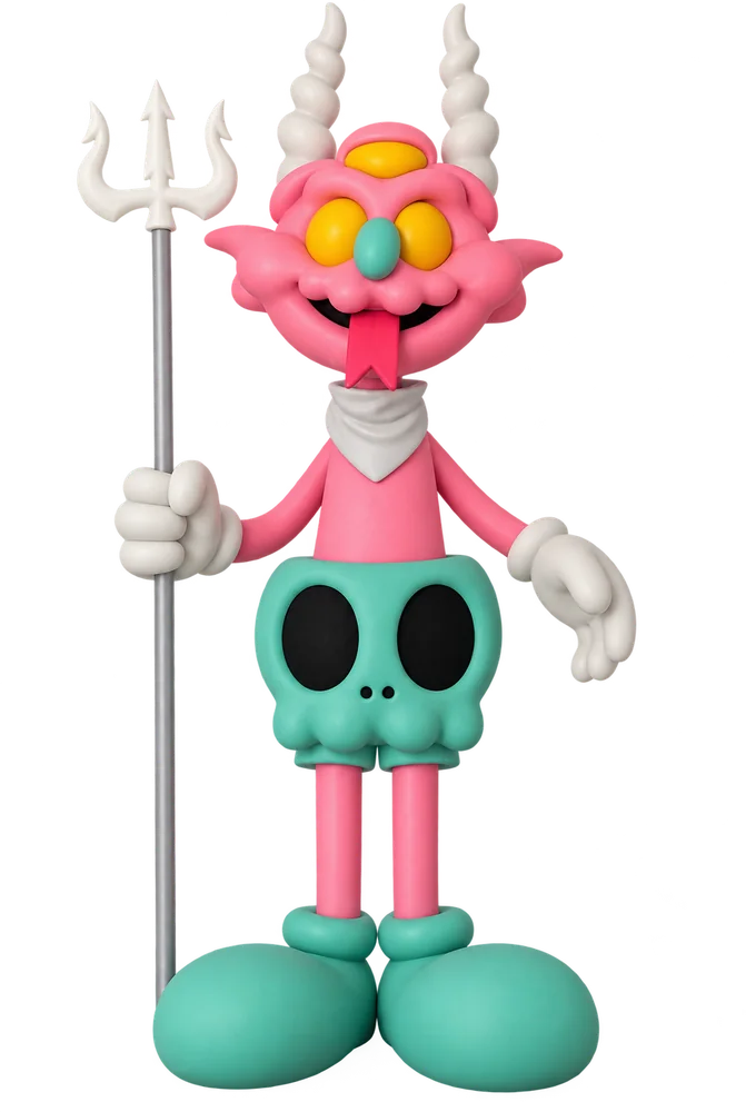 Diablo rosa con tridente y calavera