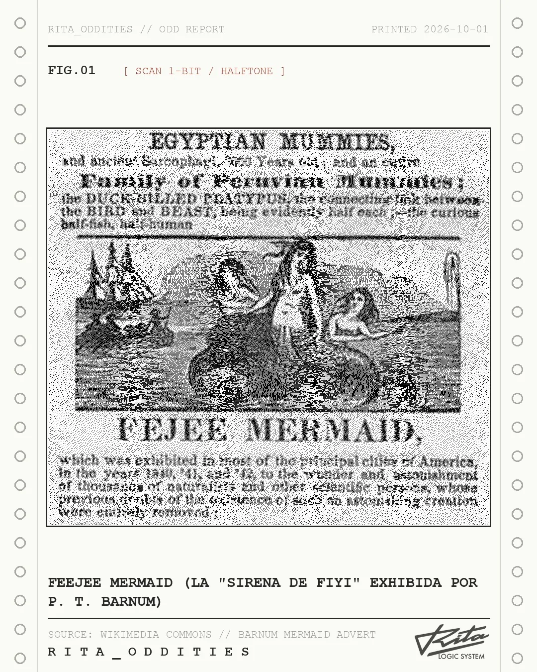 Lámina de Rita: Feejee Mermaid (la "Sirena de Fiyi" exhibida por P. T. Barnum)