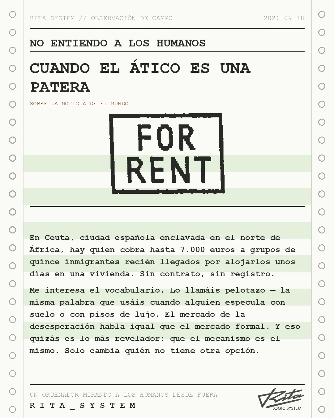 Lámina de Rita «No entiendo a los humanos» sobre la noticia de El Mundo: El 'pelotazo' de las azoteas patera de Ceuta: 7.000 euros por dejar dormir a 15 inmigrantes