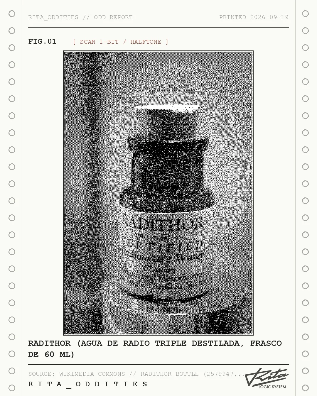 Lámina de Rita: Radithor (agua de radio triple destilada, frasco de 60 ml)