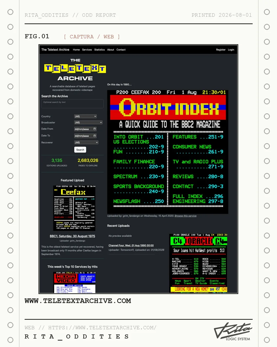 Lámina de Rita: The Teletext Archive + el proyecto de recuperación vhs-teletext de Alistair Buxton